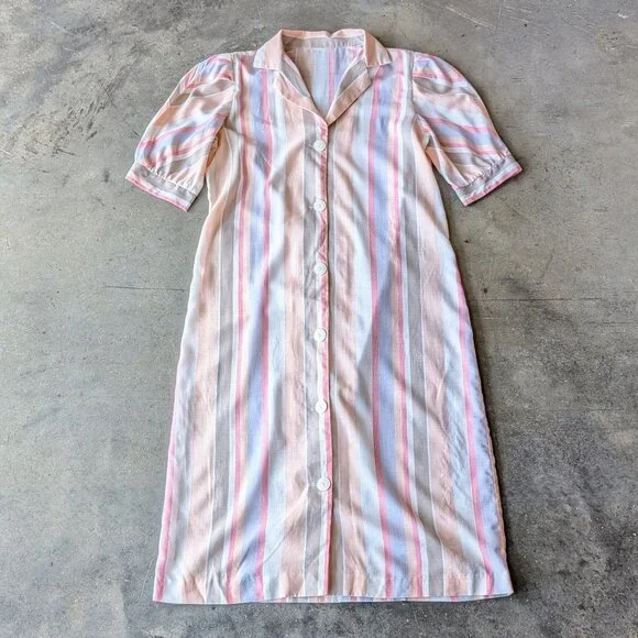 Vintage Pastel Orange Pink Purple Striped Puff Shoulder Midi Shirt Dress - Picture 2 of 9